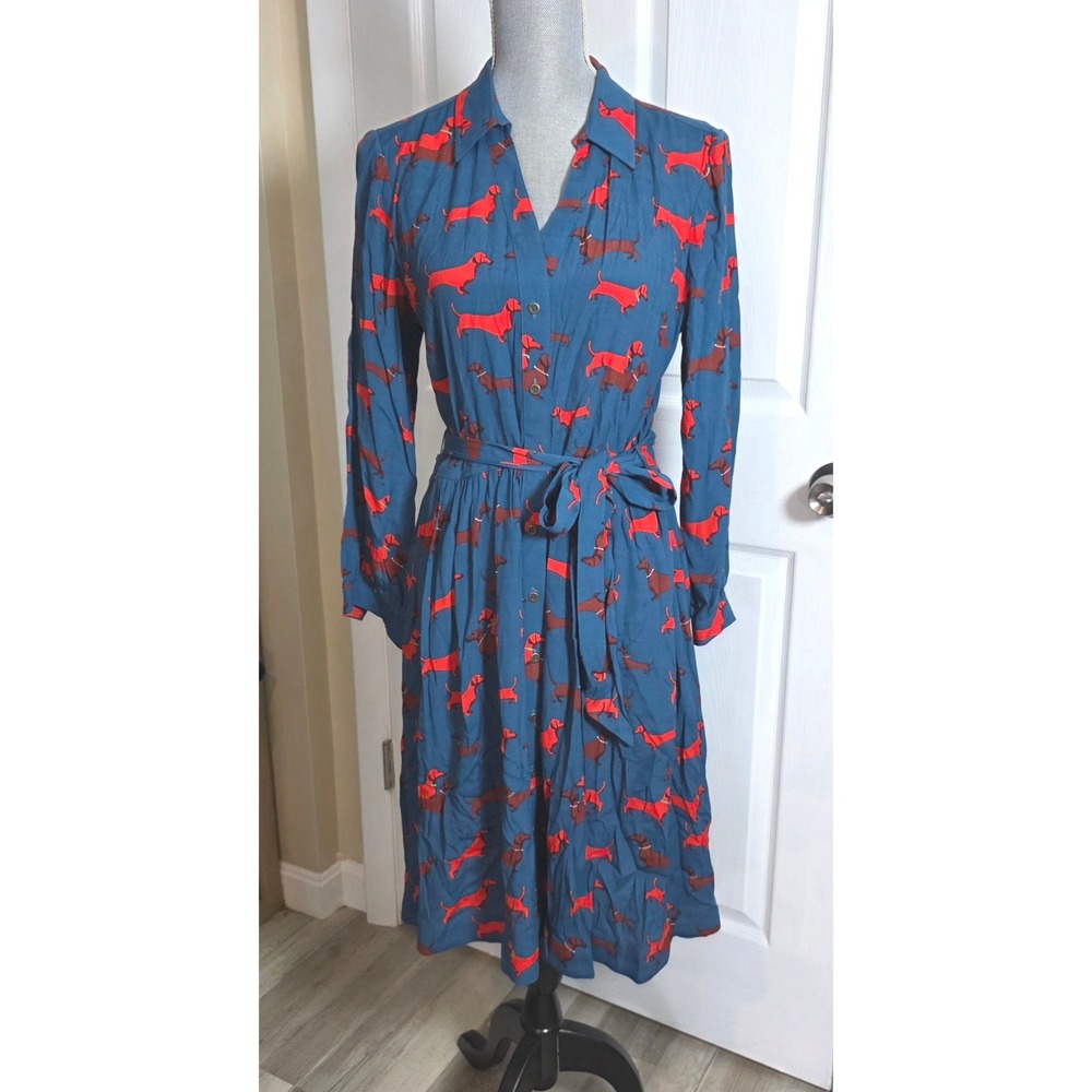 Anthropologie Conversations Dachshund Dog Print Shirt Dress Teal Blue Size 10